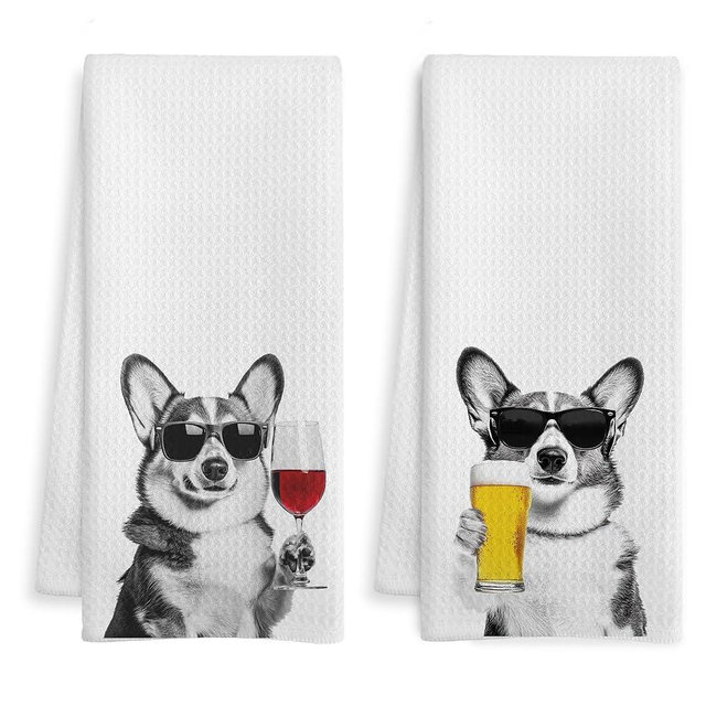 WOTYPU Funny Corgi Kitchen Bar Towels, Corgi Gifts for Corgis Lovers, Wine Beer Lovers Gifts Decorative Hand Towels for Kitchen Bar Cart Decor, 16x24 Inch Set of 2