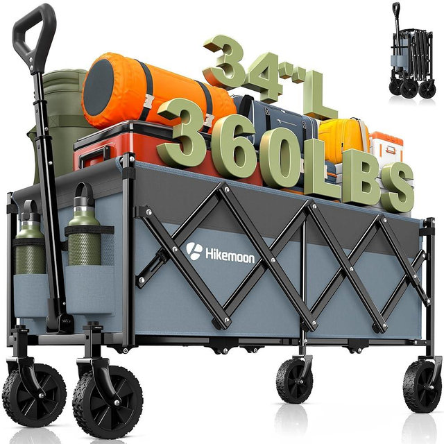 Hikemoon 34'' Extra Long Collapsible Wagons Carts Foldable, 360LBS Heavy Duty Folding Beach Wagon with Wheels, Portable Utility Outdoor Cart for Grocery, Garden, Sports, Camping, Blue & Grey