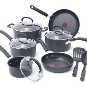 T-fal E765SC Ultimate Hard Anodized Scratch Resistant Titanium Nonstick Thermo-Spot Heat Indicator Anti-Warp Base Dishwasher Safe Oven Safe PFOA Free Cookware Set, 12-Piece, Gray