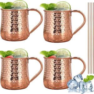 TJ Moscow Mule Mugs Set of 4, 17 oz Hammered Copper Cups with 304 Stainless Steel Lining and Copper Plated Handles, for Cold Drinks, Juice, Beer, Bars, Parties
