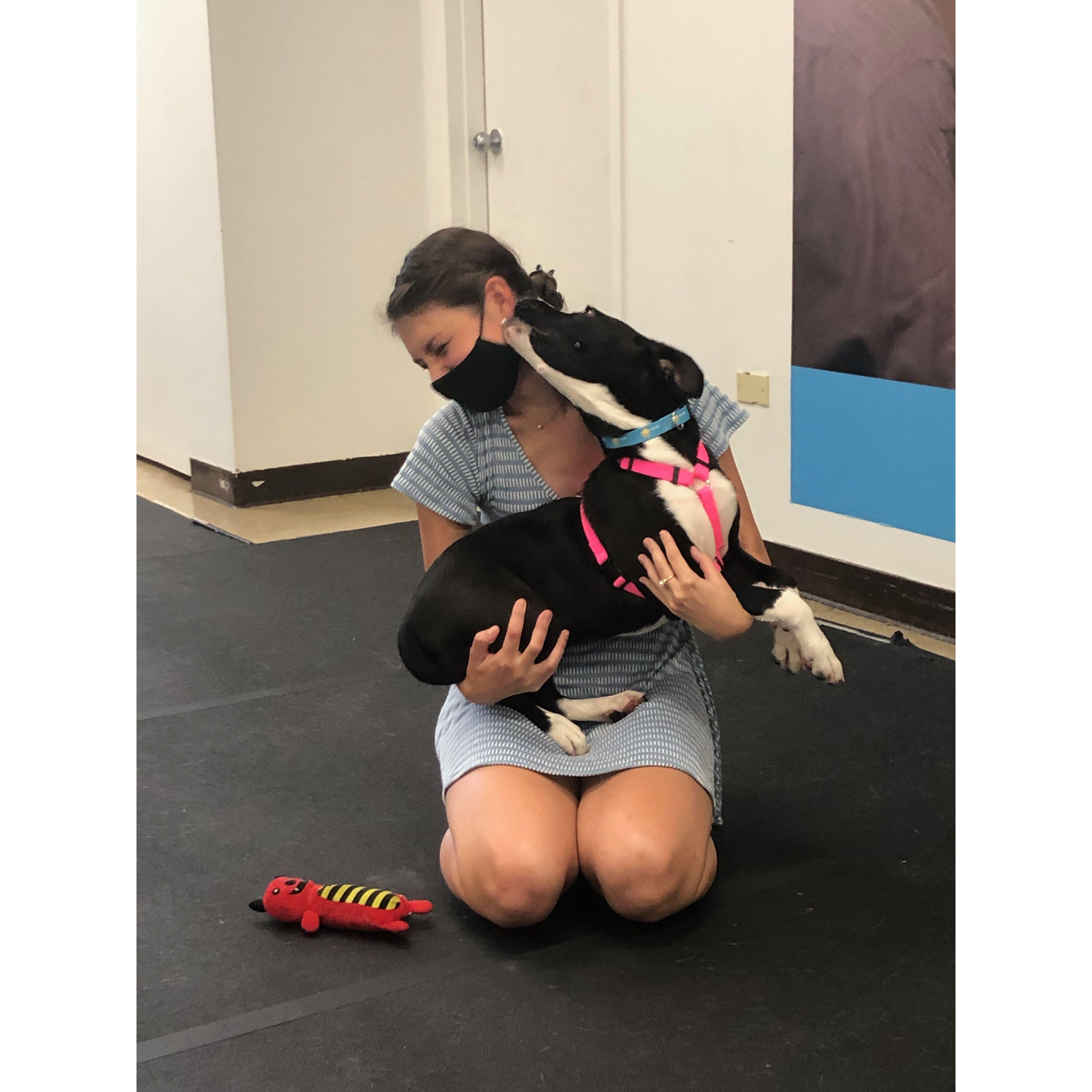 In September of 2021 our family grew by 1! Here's Emily falling in love with Arlo in the shelter.