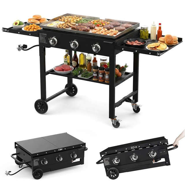 BESTFIRE 36" Foldable Flat Top Gas Grill,3 Burner Propane Griddle 45000 BTU, 625 sq in Cast Iron Cooking Surface, Two Foldable Side Shelves & Wheels – Perfect for Backyard BBQ, Outdoor Camping Black
