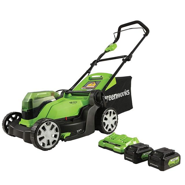 Greenworks 17 inch 48-Volt (2 x 24V) Battery Cordless Walk Behind Push Lawn Mower w/ 4.0 Ah Batteries & Dual Port Charger MO48B2210