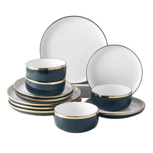 Pokini Reactive Glaze Dinnerware Sets, 12 Piece Luxury Bone China Dishware Sets, Gilt Rim Plates and Bowls Sets for 4