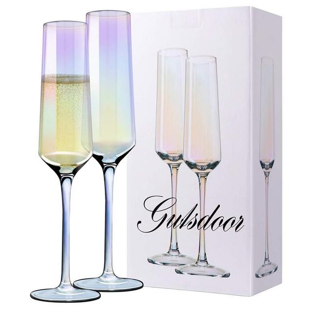 Gutsdoor Crystal Champagne Flutes Glass Set of 2 Iridescent Champagne Glass Flutes Wedding Christmas Valentine Cheers Champagne Flutes