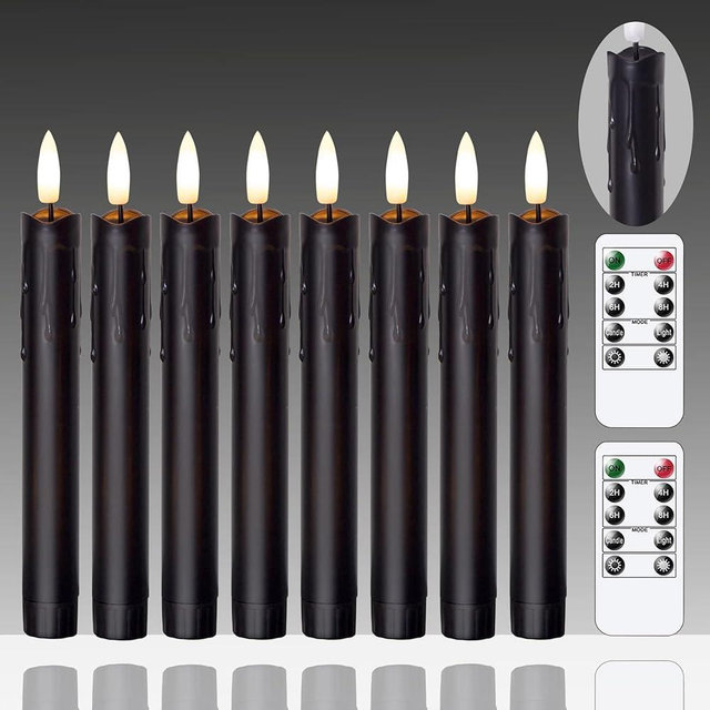 Mavandes Flameless Flickering Taper Candles Two Remote, 7.5 Inch Black Battery Operated LED Window Candles Timer,Set of 8 Plastic 3D-Wick Dripping-Wax Effect Flameless Candlesticks(0.86”Dia,Warm Fire)