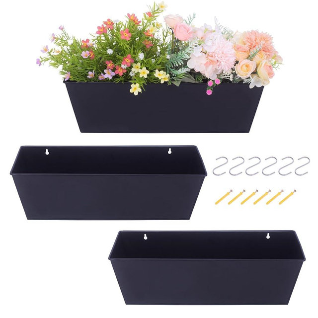 Holensun Wall Hanging Planters for Outdoor Plants 16 Inch Large Metal Fence Pots with Hooks for Outside Garden Balcony Plants 3PCS（Black）