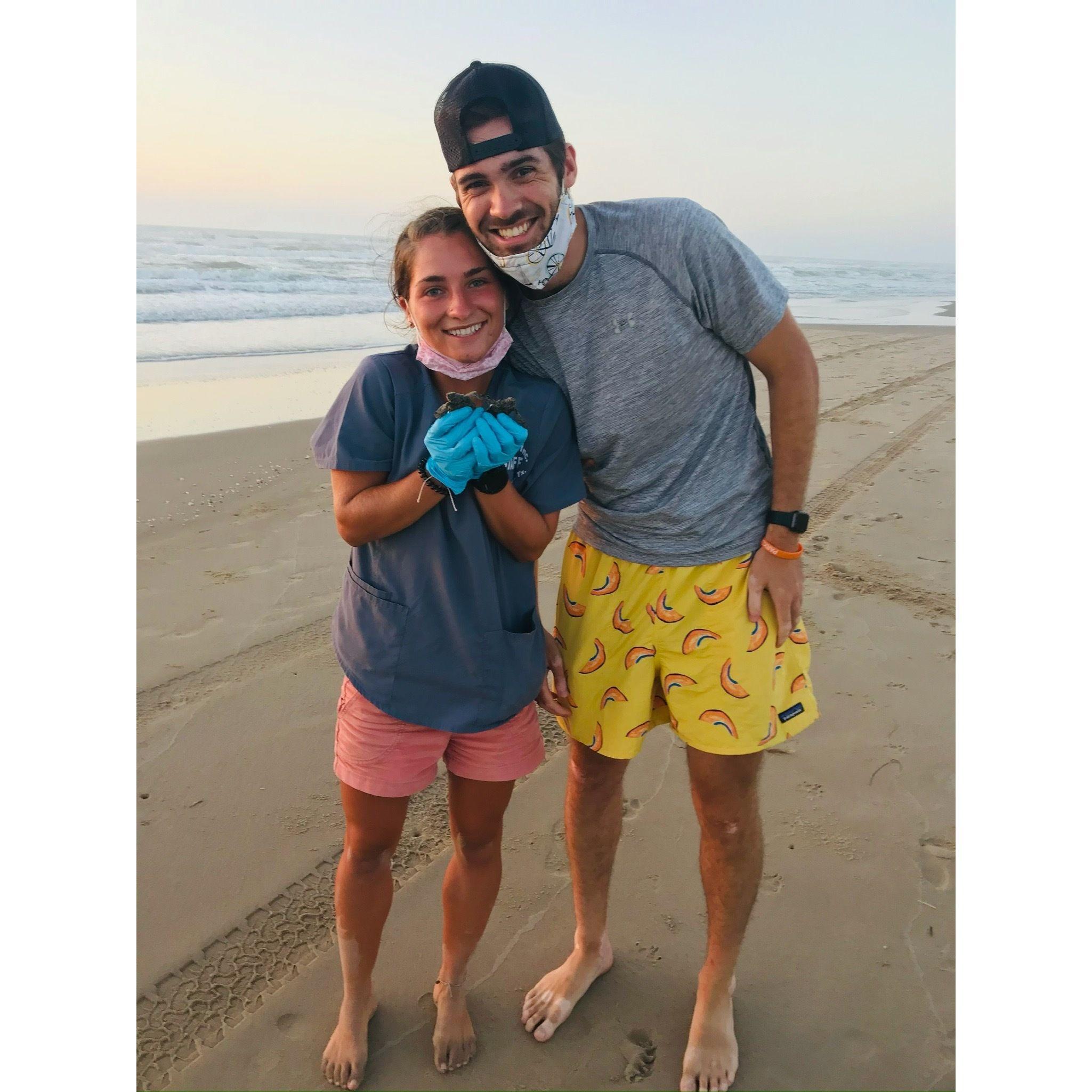 Releasing baby sea turtles in the Gulf of Mexico during Camille's seasonal position in Texas in Spring 2020.