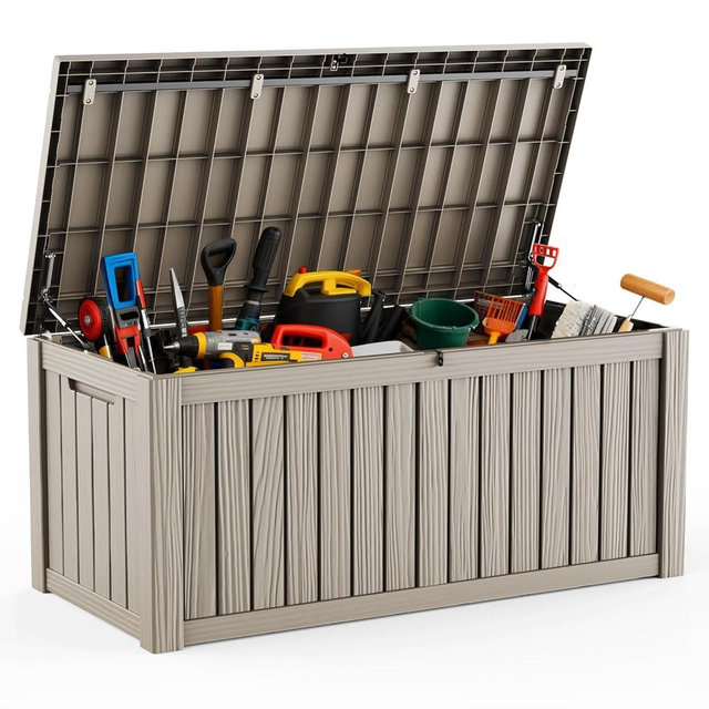 DRATO 120 Gallon Large Deck Box, Outdoor Storage Box for Patio Furniture, Patio Cushions, Gardening Tools, Pool Supplies,660lbs Weight Capacity,Waterproof Resin Storage Boxes（Gray，120 Gallon）