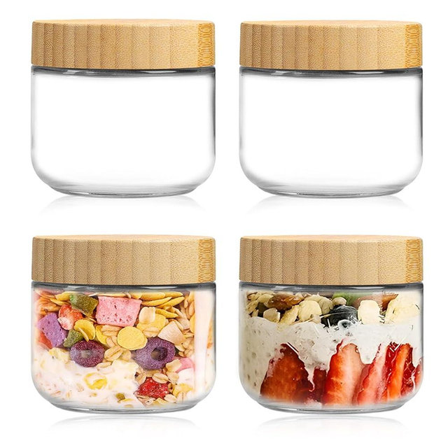 AMEITECH 4 Pack 10 oz Overnight Oats Containers with Bamboo Lids, Reusable Glass Food Storage Jars with Airtight Lids, Wide Mouth Mason Jars for Snack Yogurt Fruit Salad