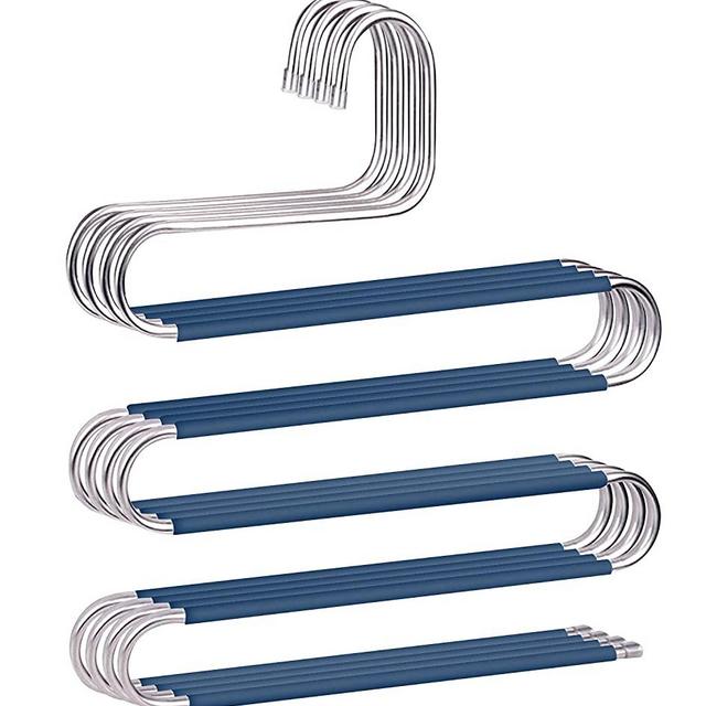 Pants Hangers Non Slip Space Saving Hangers 4 Pack S-Shape Trousers Hangers Stainless Steel Clothes Hangers Closet Organizer for Pants Jeans Scarf Trouser Tie Towel(4 Pack Blue)