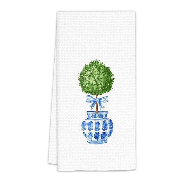 FIicy Blue and White Porcelain Kitchen Towels, Blue and White Chinoiserie Decor Bow Dish Towels, Topiary Tree Decorative Hand Towels for Bathroom, Chinoiserie Bathroom Kitchen Decor(16x24 Inch)