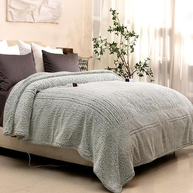 Electric Blanket Heated Queen Soft Double Sherpa Super Cozy with 6 Fast Heating Levels & 1-10 Hours Auto-Off, Over-Heat Protection, Machine Washable-Sage Green
