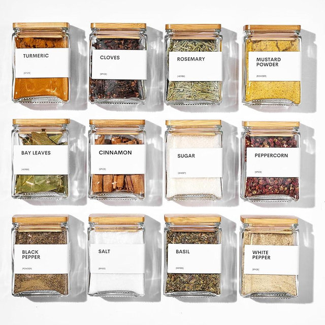 MUVEKA Glass Spice Jars with Bamboo Lid, 4oz Square Spice Containers for Pantry Organization, Seasoning Bottles with Labels, Spoons, Funnel for Salt Sugar