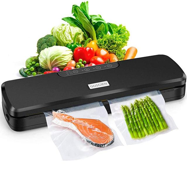 Vacuum Sealer, GOSCIEN Automatic Food Sealer for Food Savers, Dry & Moist Food Modes, Led Indicator Lights, Built-in Cutter, Starter Kit with 10 PCS Vacuum Bags