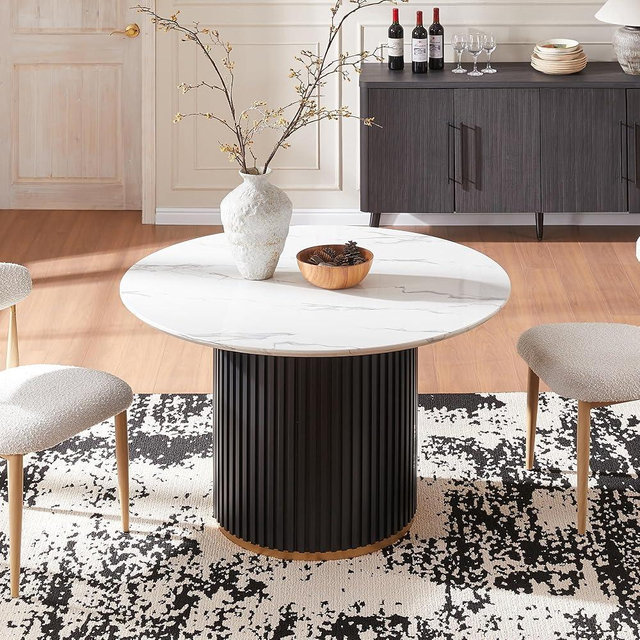 Morden Fort Modern Dining Table for 2-4, 47" Round Marble Dining Table with Black Metal Pedestal for Ktichen, Living Room and Conference