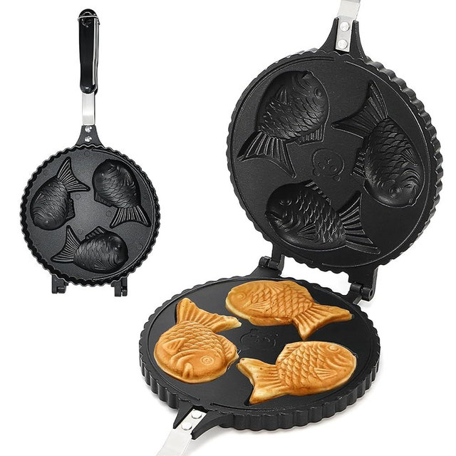 ZOOFOX Taiyaki Fish-shaped Waffle Maker, 3 Fish Shaped Cake Pan with Non Stick Cooking Plate, Japanese Fish Shaped Waffle Iron Double Pan Mold, Easy to Clean