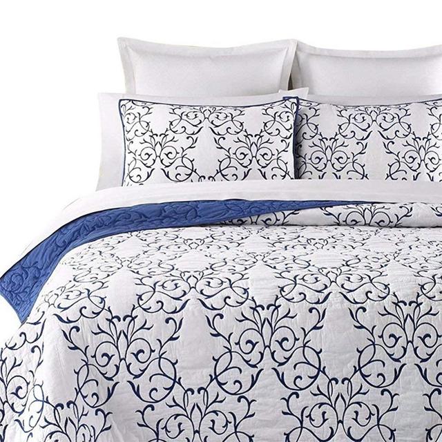 mixinni Reversible 100% Cotton 3-Piece Royal Blue Embroidery Pattern Elegant Quilt Set with Embroidered Decorative Shams Soft Bedspread&Coverlet Set-Full/Queen