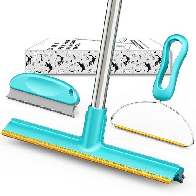 Carpet Rake for Pet Hair Removal (3 Pack), Dog Cat Fur Remover Rubber Broom, Stainless Steel Long Handle Lint Shaver Cleaner Tools, Scraper Brush for Carpet, Rug, Car Mat, Couch, Pet Bed, Furniture