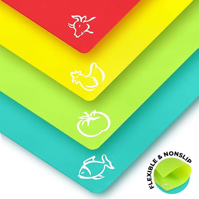 Plastic Cutting Boards for Kitchen - Quality Thin Cutting Mat Set 4 Color - Flexible & Perfect for Chopping Meats, Vegetables, Beef, Fish, Chicken - Food Icons - Extra Large by Zulay Kitchen