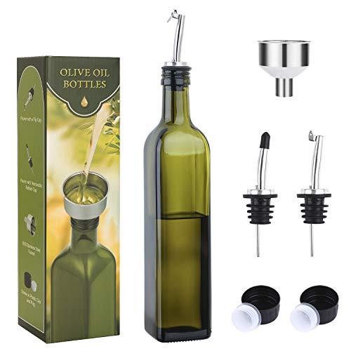 Aozita 17oz Glass Olive Oil Bottle - 500ml Green Oil & Vinegar Cruet with Pourers and Funnel - Olive Oil Carafe Decanter for Kitchen