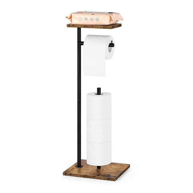 Toilet Paper Holder Stand Free Standing Tissue Paper Roll Holder with Shelf Farmhouse Toilet Paper Dispenser for Bathroom Toilet Paper Storage Rustic Brown