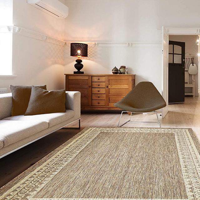 Indoor Outdoor Border Area Rug (7’10” X 10’, Neutral)