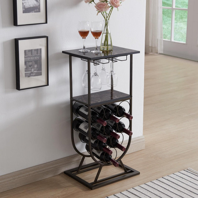 Kings Brand Furniture Freestanding Floor Wine Rack Console Table with Glass Holder, Wine Holder Stand for 9 Bottles, Pewter/Marble