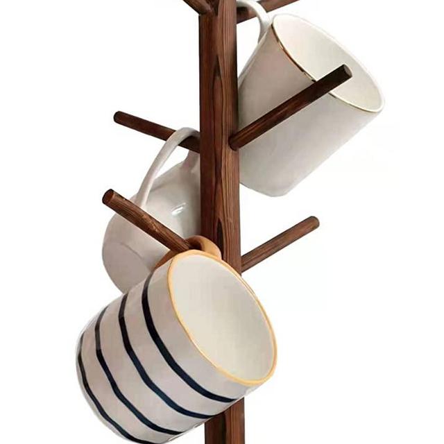 Dorhors Mug Stand,Coffee Cup Holder Counter Wooden Mug Tree with 6 Hooks,Farmous Mug Rack for Counter