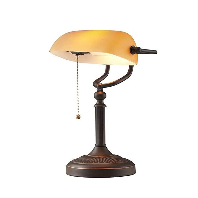 Newrays Glass Bankers Desk Lamp with Pull Chain Switch Plug in Fixture (Matted Orange)