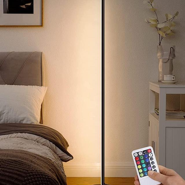 EDISHINE Modern LED Corner Floor Lamp with Remote, 57.5" Minimalist Dimmable Atmosphere Lighting, Christmas RGBW Slim Sleek Lamp, Standing Tall Mood Light for Living Room, Bedroom, Office, Black