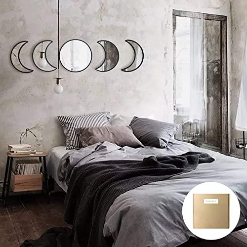 YUBAIHUI 5pcs Scandinavian Bohemian Home Wall Decor Moon Phase Decorative Mirror Set Acrylic Bedroom Decoration Self Adhesive Ornament Living Room Decor (Black)