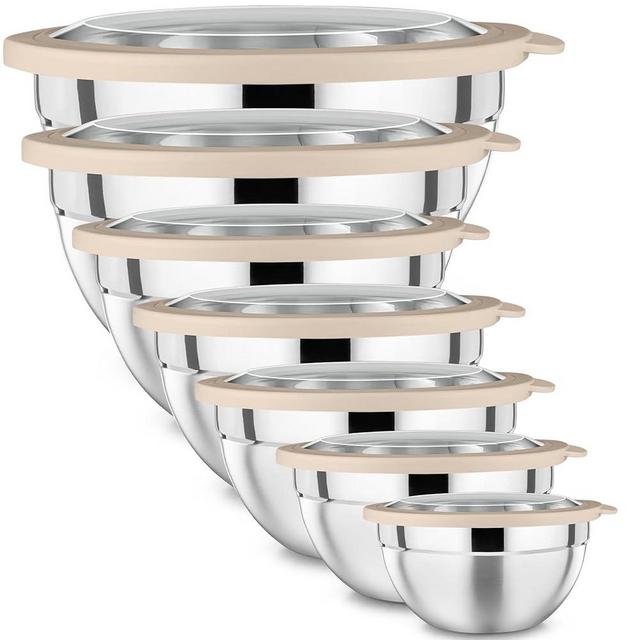 P&P CHEF Mixing Bowl with Lid Set of 7, Stainless Steel Nesting Salad Bowls for Cooking Serving Prepping, Clear Lids & Stackable Design, Size 4.6, 3.5, 3, 2, 1.5, 1, 0.7 Qt - Khaki