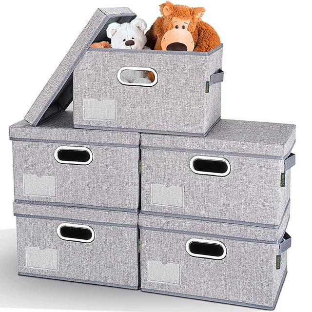 BALEINE Storage Bins with Lids (5pack Gray Extra Large), Foldable Linen Fabric Storage Boxes with Lids, Collapsible Closet Organizer Containers with Cover for Home Bedroom Office