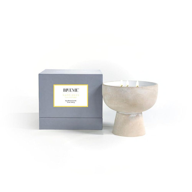 Blueme Happiness Candle | Yuzu & Ginger | 3 Wick - Refillable Wellness Candle with Essential Oils, Hand Finished & Poured Soy Wax Blend Ceramic Vessel, Natural Cotton Wicks | Medium 12 oz