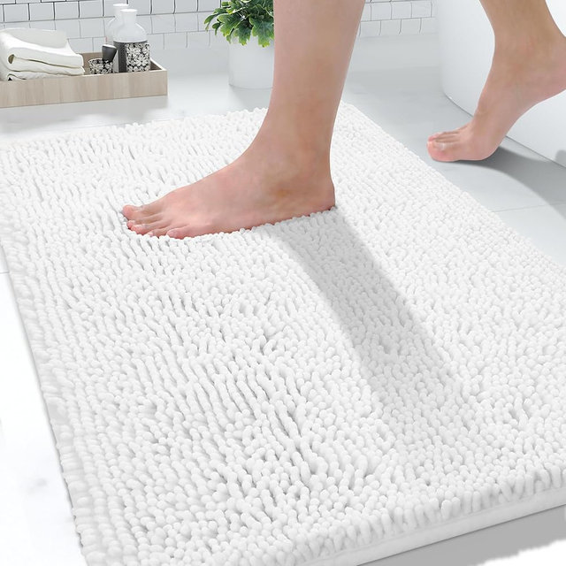 Yimobra Washable Bathroom Rugs, Super Soft & Absorbent Chenille Bath Mat for Floor & Carpet, Quick Dry Non Slip Bath Mat for Tub Shower, 32"x20",White