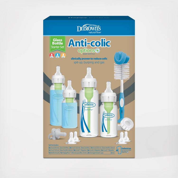 Browns, Options+ Anti-Colic Glass Baby Bottle Gift Set Zola Baby