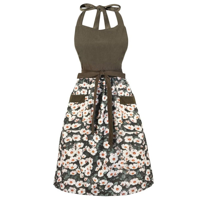 HYVOROS Cute Floral Aprons for Women with Pockets,Cotton Adjustable Neck Strap Apron for Kitchen Cooking Baking Gardening