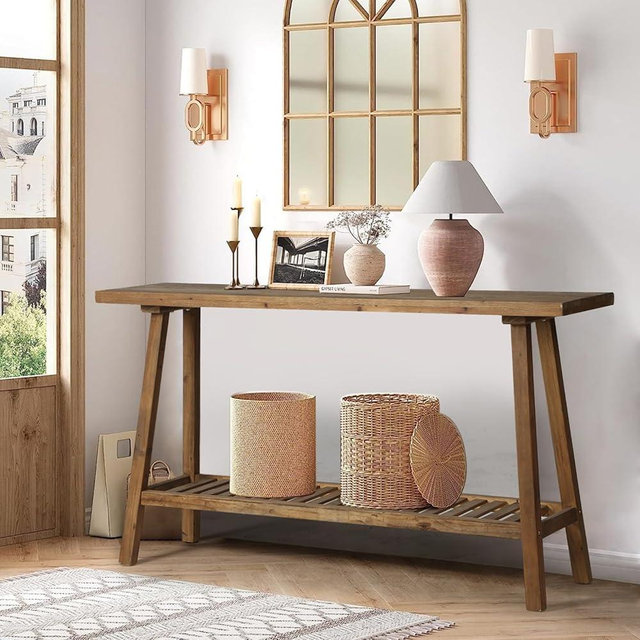 HOKYHOKY Reclaimed Solid Wood Console Table, 59" Long Farmhouse Entryway Tables, Rectangular Couch Table Behind Sofa, 2 Tiers Accent Tables for Hallway, Entrance, Foyer, Living Room