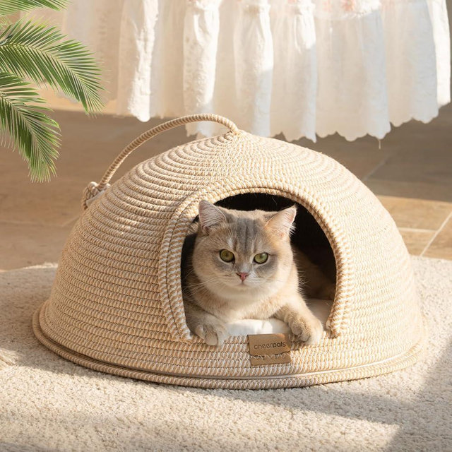 CHEERPALS Cat Cave Bed for Indoor Cats, 3 in 1 Cat House with Washable Cushion and Ball, Scratcher Bed, Cute Rope Bed for Kittens and Large Cat(White)
