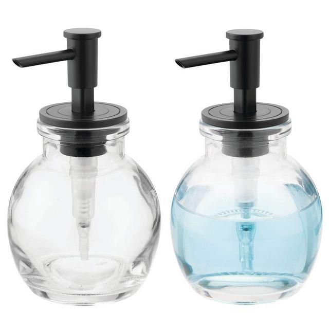 mDesign Round Glass Refillable Liquid Soap Dispenser Pump Bottle for Bathroom Vanity Countertop, Kitchen Sink - Holds Hand Soap, Dish Soap, Hand Sanitizer, Essential Oils - 2 Pack - Clear/Matte Black