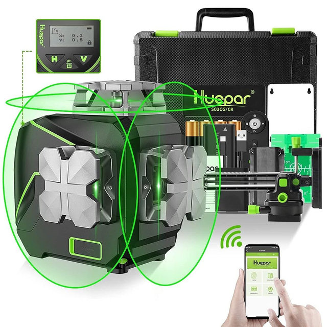 Huepar Laser Level 360 Self Leveling, S03CG Pro 3x360° Bluetooth Green Lazer Leveler Tool - Pulse Mode, LCD Screen, Magnetic Bracket, Rechargeable 3D 12 Lines Laser Level for Construction/Tile/Floor