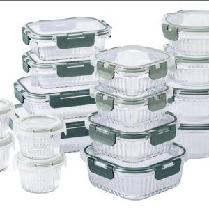 COOK WITH COLOR Premium 32-Pc. Borosilicate Glass Food Container Set with Dividers - 4 Rectangles, 8 Rounds, 4 Squares - Leakproof Lids - Meal Prep, Storage, Fluted Ombre Green