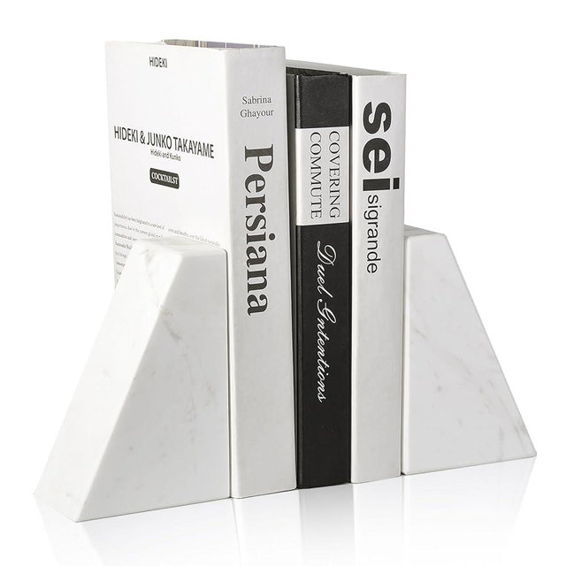 Karibiber Marble Bookends for Heavy Books, Decorative Book Ends for Shelves, White Stone Durable and Heavy-Duty Book Ends for Hardback Books & CDS, Unique Book Stopper & Holder, Set of 2