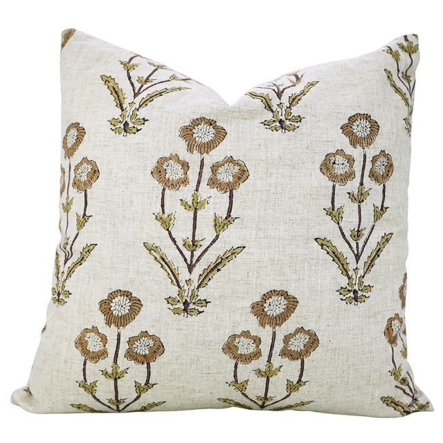 Fabritual Throw Home Decorative Pillow Cover Floral Rectangle 12X20 Inches Brown or Green Handmade Block Print Flower Farmhouse Perfect for Bed or Living Room Viscose Linen Cushioncase, Amitabh