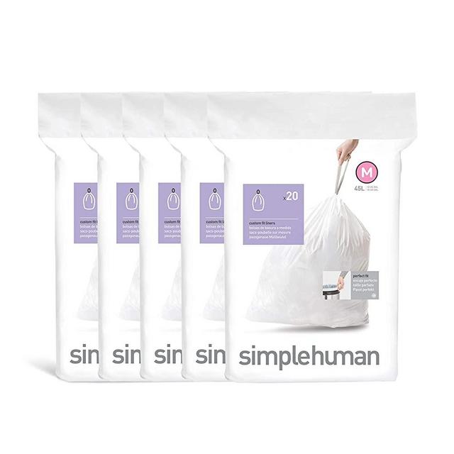 simplehuman Code M Custom Fit Drawstring Trash Bags, 45 Liter / 12 Gallon, White, 100 Count