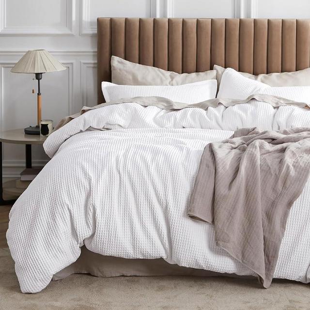 Bedsure Cotton Duvet Cover King - 100% Cotton Waffle Weave Bright White Duvet Cover King Size, Soft and Breathable King Duvet Cover Set for All Season (King, 104"x90")