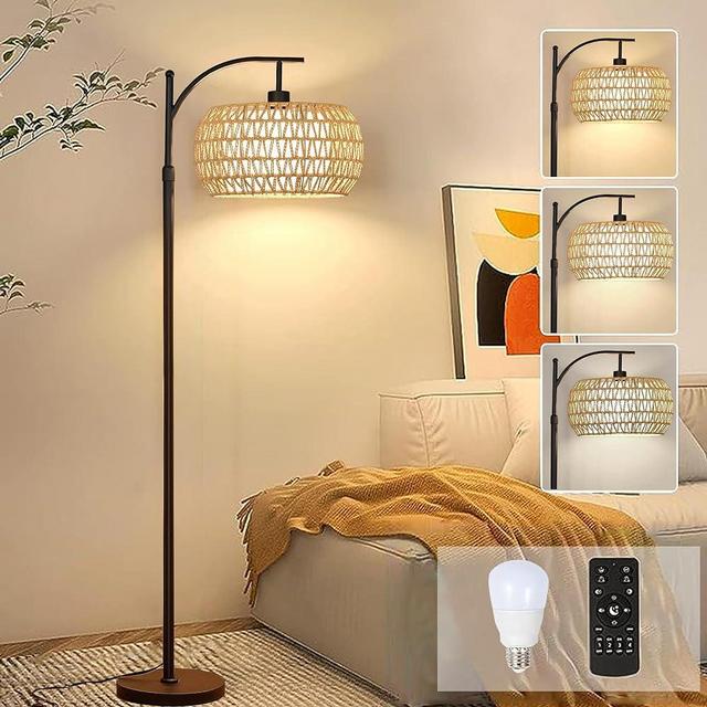 Floor Lamps for Living Room Rattan Boho Arc Floor Lamp with Remote Control,Dimmable LED Floor Lamp Wicker Lamp Shades Black Standing Lamp with 3 Color Temperature Tall Floor Lamp For Bedroom Corner