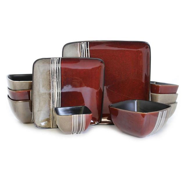 Elama Eastward Loft 16-Piece Square Dinnerware Set in Red