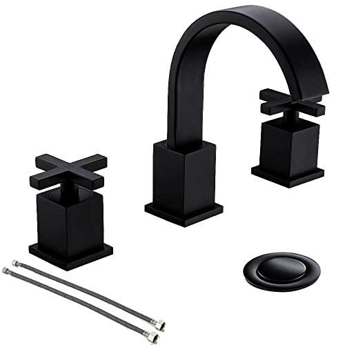 8 Inch 2 Handle Waterfall 3 Piece 3 Holes Matte Black Lead- Free Widespread Bathroom Faucet by Phiestina,Bathroom Sink Faucet with Metal Pop Up Drain and Water Supply Lines,WF001-10-MB